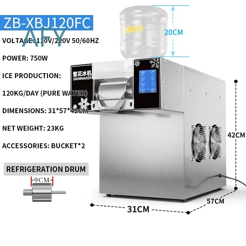 Snowflake Ice Machine for 120KG/24H Air Cooled Commercial Bingsu Shaver for Milk Mango Smoothie Crusher for 110V 220V