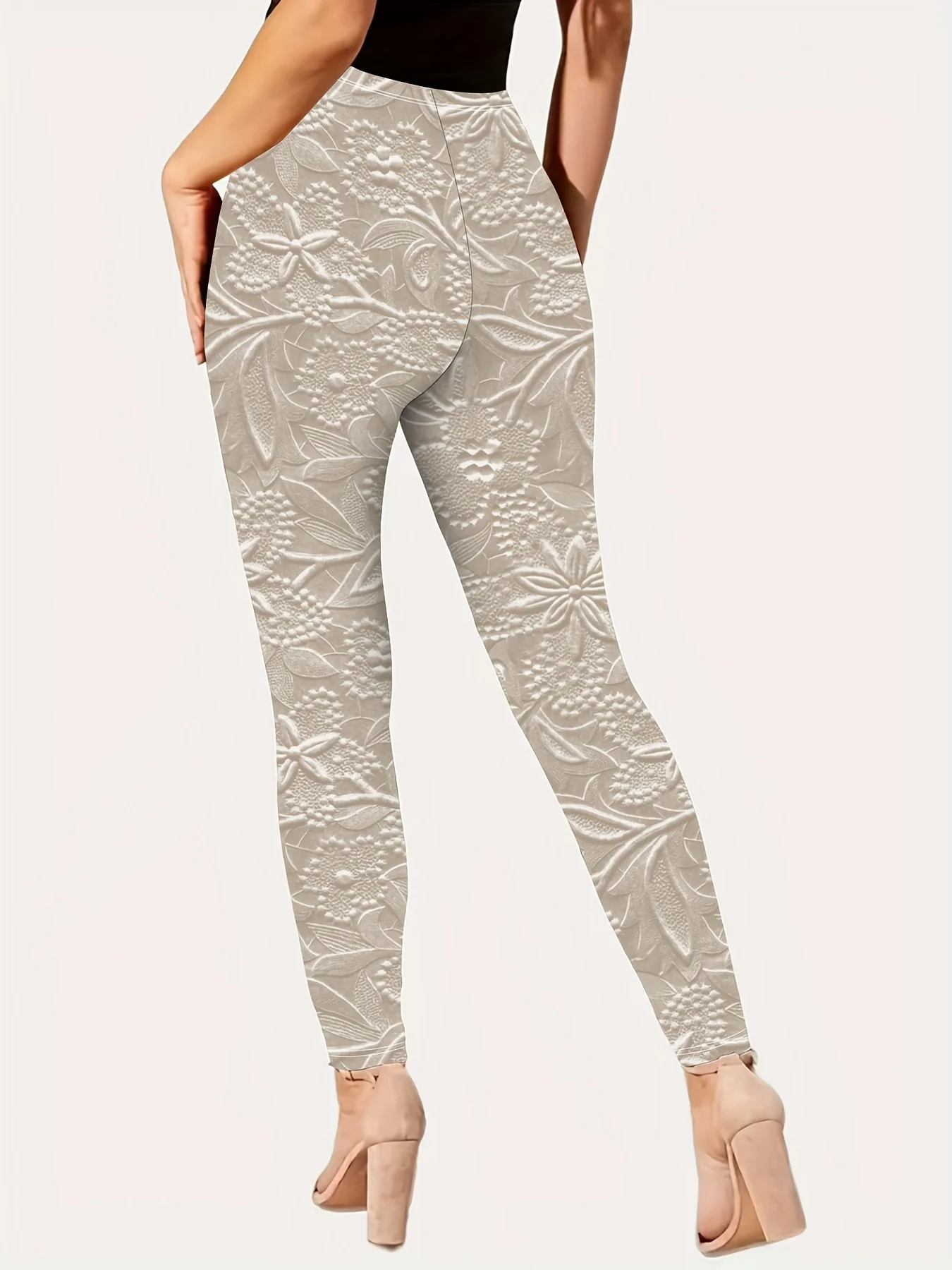 Women Lace‑Effect Floral Texture Print Fleece Lined Leggings Mid Waist Stretch Yoga Sports Pants