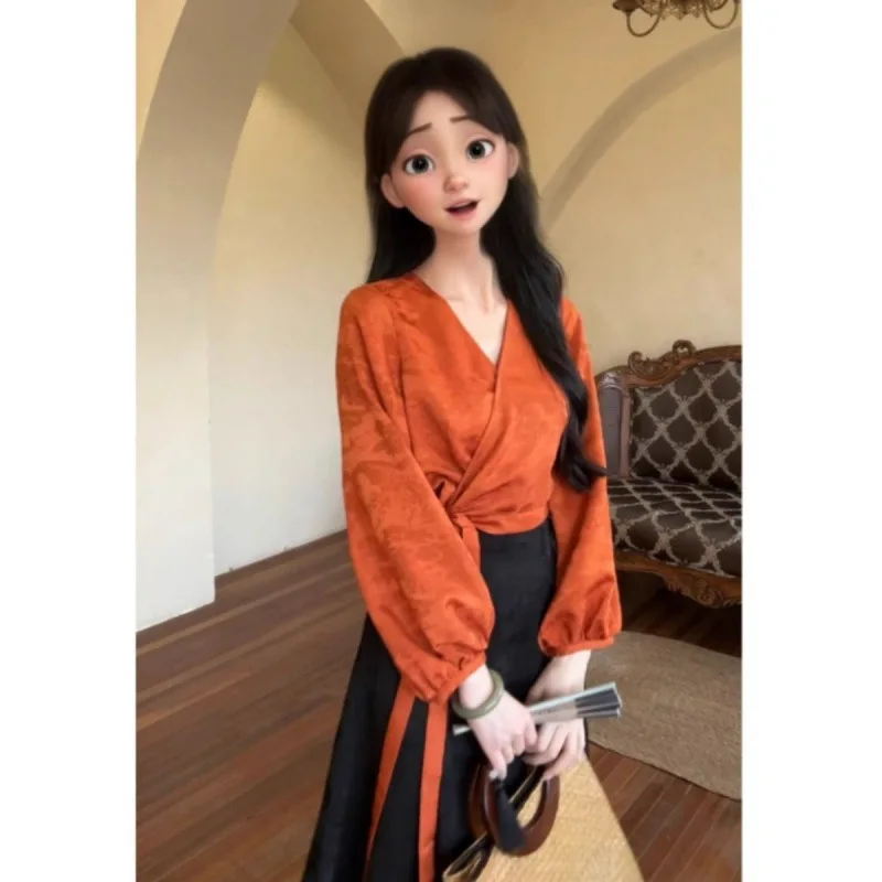 New Chinese Style Solid Color Fashionable Half Skirt Set for Women's 2024 Autumn New Improved Tie Up Shirt Top Female Clothing