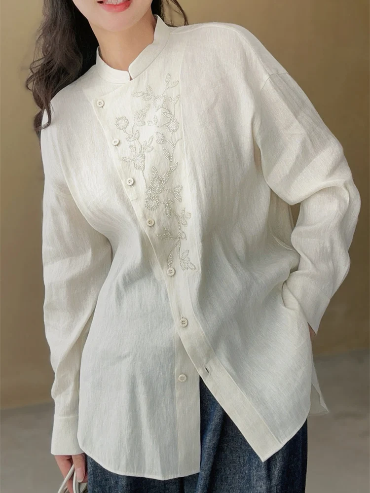 

Silk Linen Embroidered Beaded irt Women's Loose Fit Casual Mid-Length Button-Up Top Chinese Sle Asymmetrical Opening