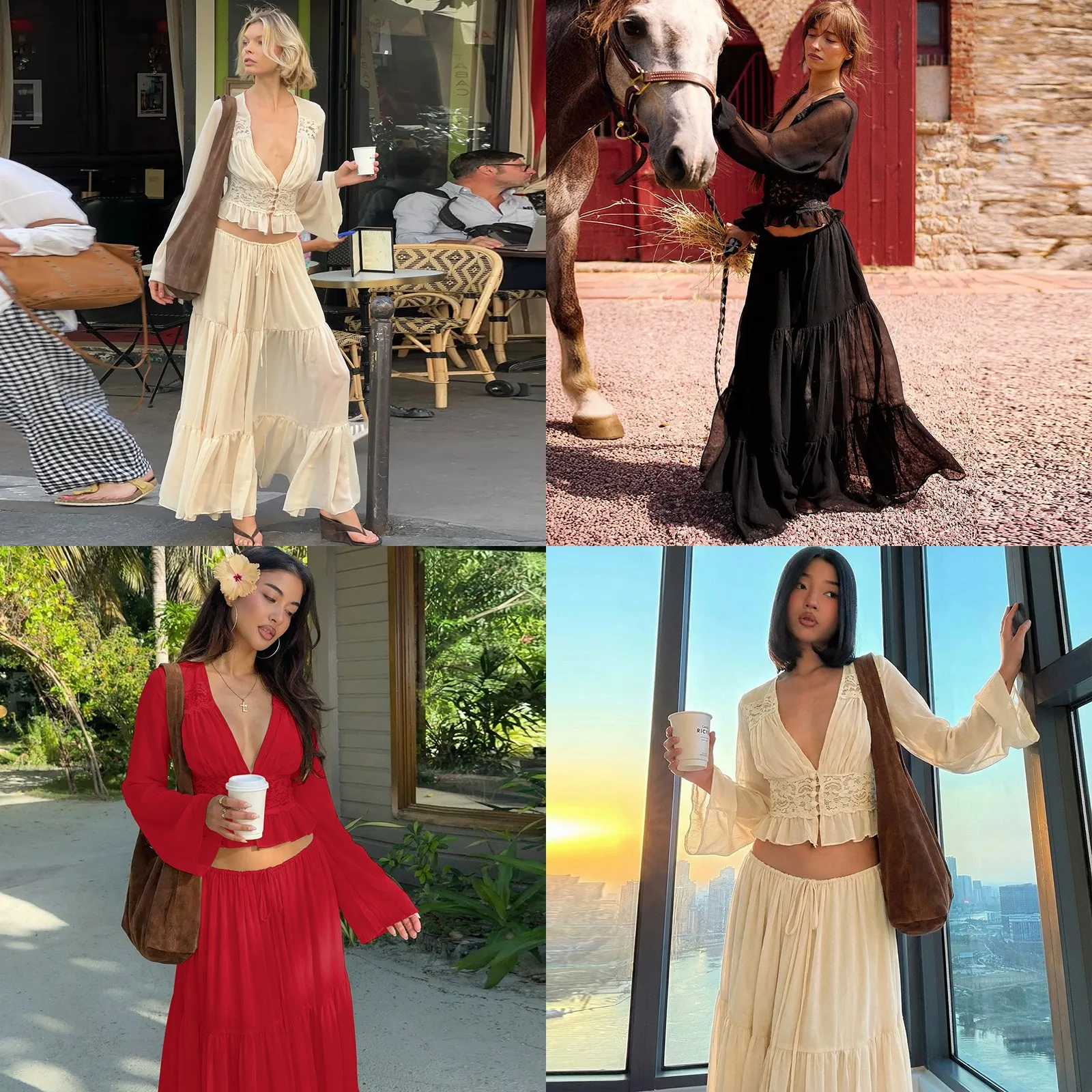 Sexy Spitzen-Chiffon-Cardigan, transparente Bluse, Shrug und lange Maxiröcke im Set mit Wickelrock für Frühling und Sommer