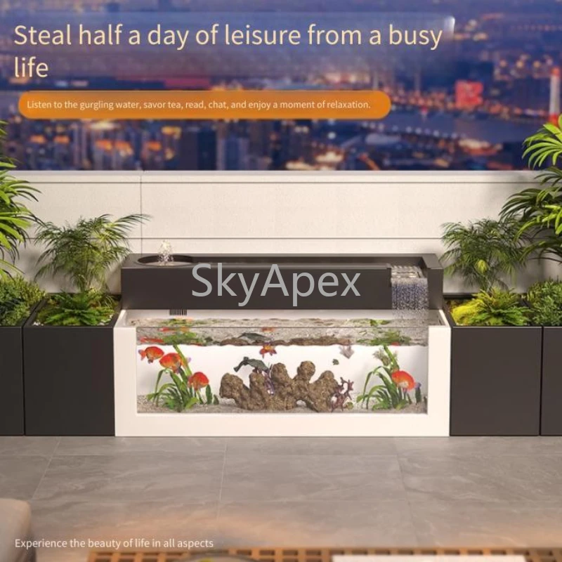 الفولاذ المقاوم للصدأ مستطيلة معدنية زجاجية بركة السمك المياه المتدفقة خزان الأسماك فناء على السطح داخلي فيلا بركة السمك المناظر الطبيعية