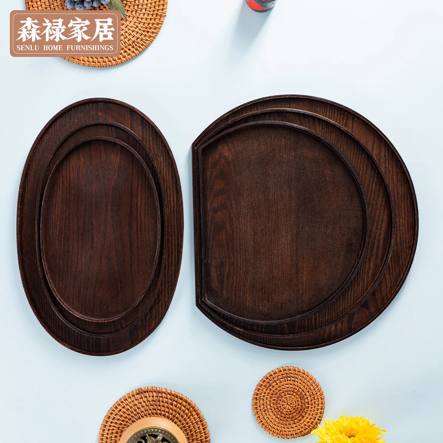 LMM Vintage Flat Tea Tray Ash Half Moon Tray Wooden Dark Oval Tray