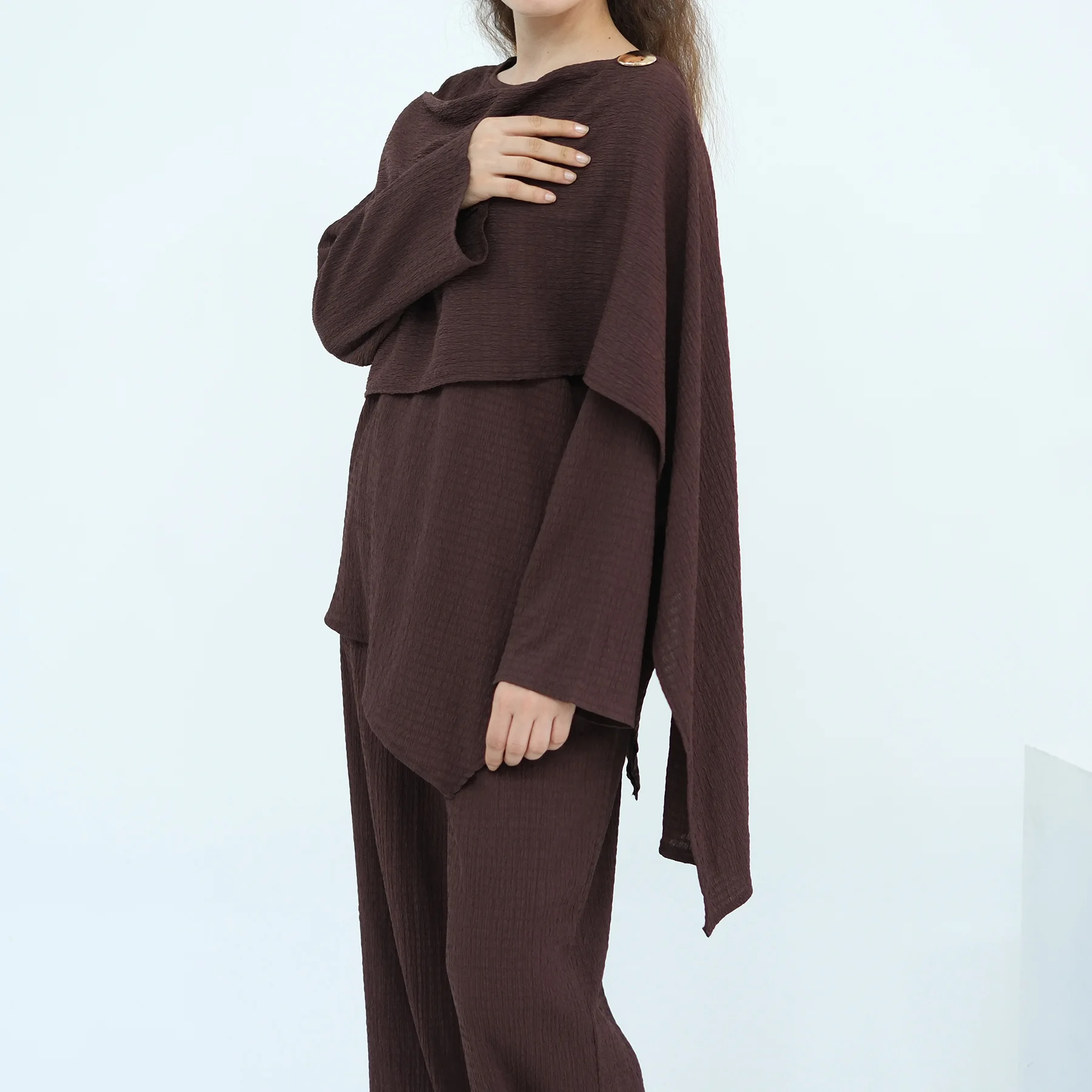 

Мусульманские комплекты для женщин на Ид: топы и брюки из жатой ткани, костюм-абайя, кафтан, исламская одежда, арабские наряды, женские мусульманские комплекты