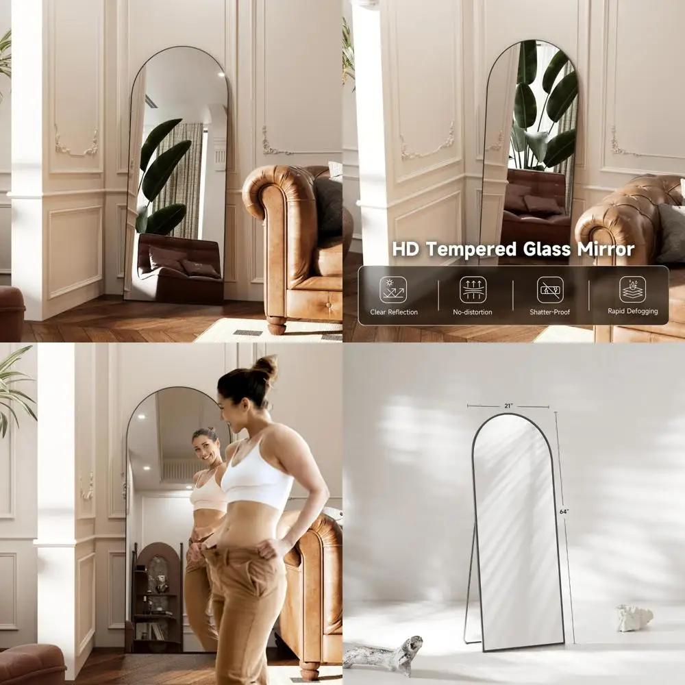 Großer bodenstehender gewölbter Spiegel, 64 x 21 schwarzes gehärtetes Glas, an der Wand montierbar, körperlange Spiegel mit Aluminiumständer