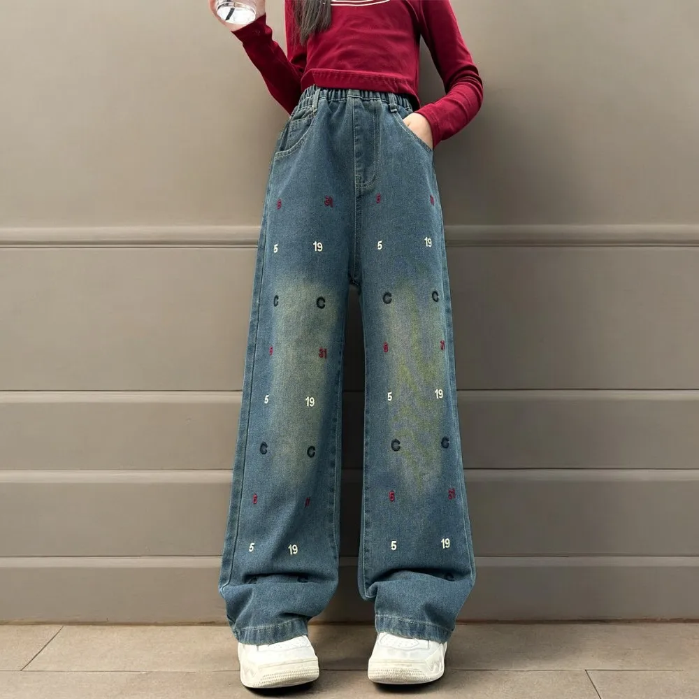 Baby Girls Loose Jeans for Kids Cargo Pants Letter Print Trousers Wide Leg Children Teens Outfits Toddler Clothes 5 7 9 12 Years