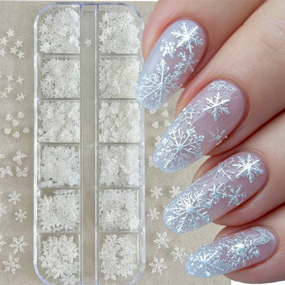 12Grids Laser White Glitter Snowflake Nail Sequins Iridescent Transparency Snowflake Christmas Nail Flakes Shiny Nail Decoration