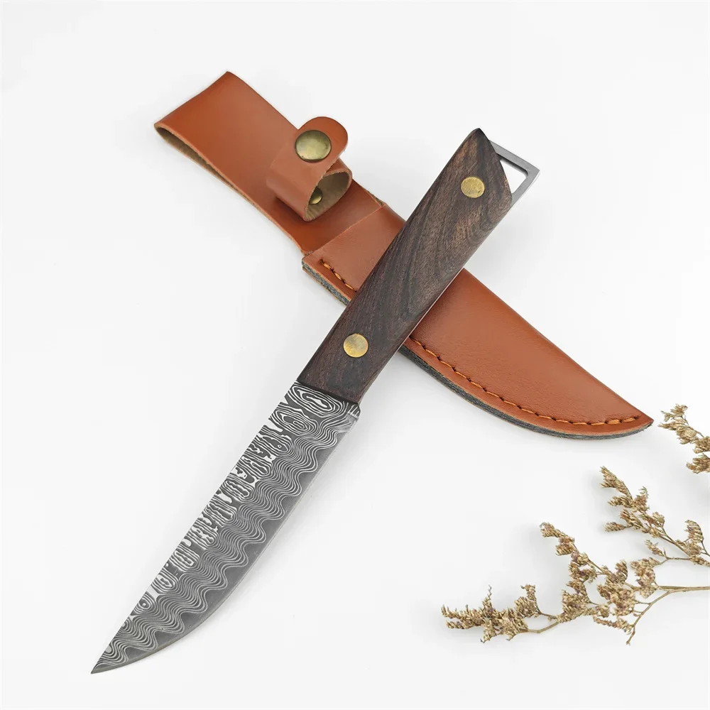 Damascus Pattern Fixed Blade Knife Wooden Handle Outdoor Survival Tactical Knives with Leather Sheath Camping Hunting Tool Gifts