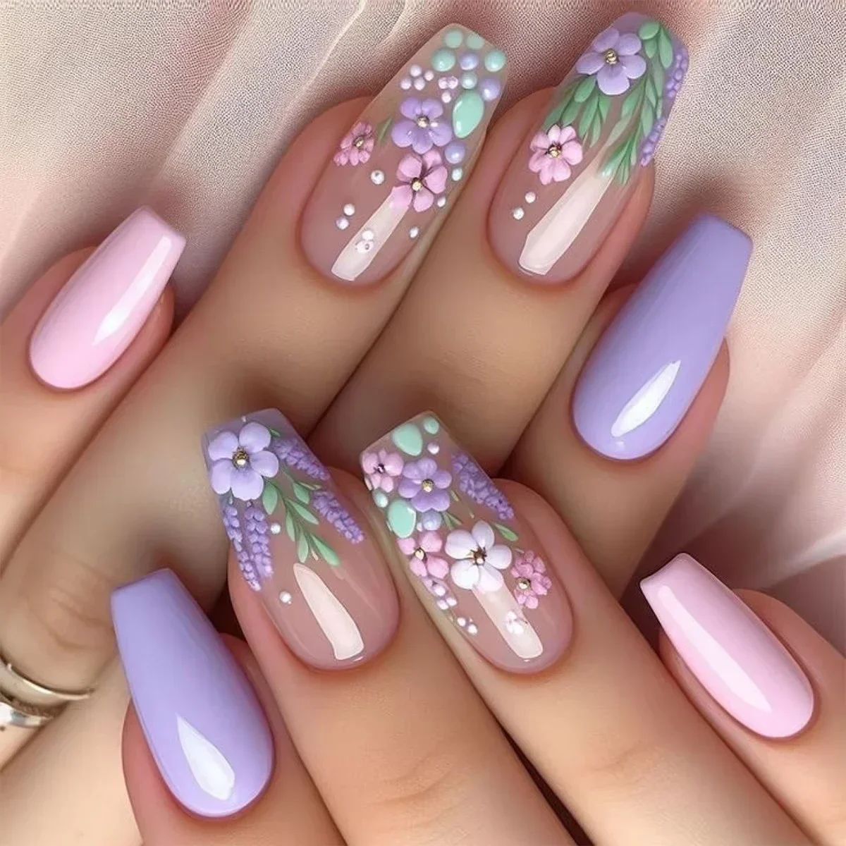 Faux ongles de Ballet en forme d'amande, fleur blanche Simple, à pression, fleur de prunier, strass rouges, perle dorée, outil de manucure