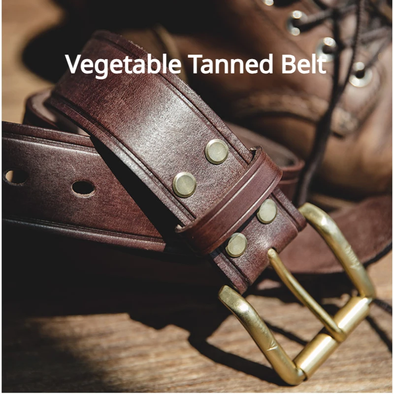 Classic Western Belt for Men Vegetable Tanned Leather Strap Brass Prong Buckle Tough Guy Waistband 3.8cm Classic Brown 115cm