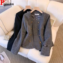 Slim Elegant Tweed Woolen Short Jackets Vintage Double Breasted Outerwears Fashion Casual Bomber Jaqueta Korean New Women Vestes