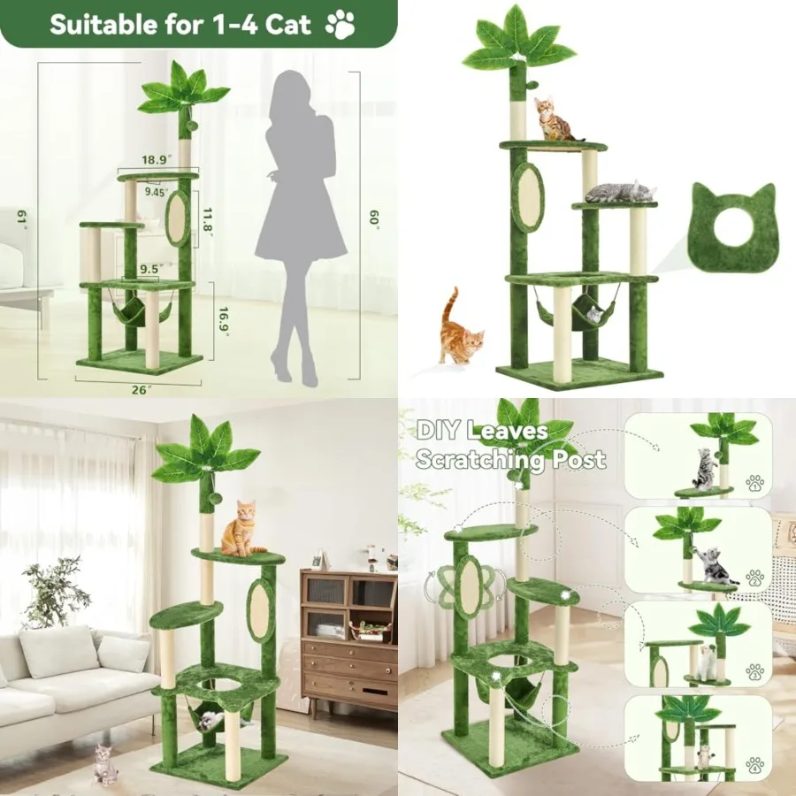 

61" Cat Tree for with Green Leaves, Multi-Level Large Cat Tower with Hammock, Plush Cat House with Hang Ball Toy and Sisal Scra