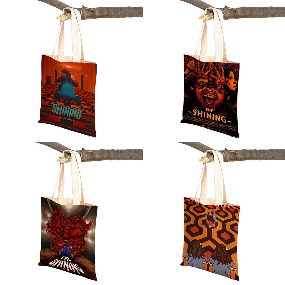 Bolso de compras de lona para mujer, bolsa de mano de viaje de dibujos animados, plegable, reutilizable, película de terror, The Shining Lady,