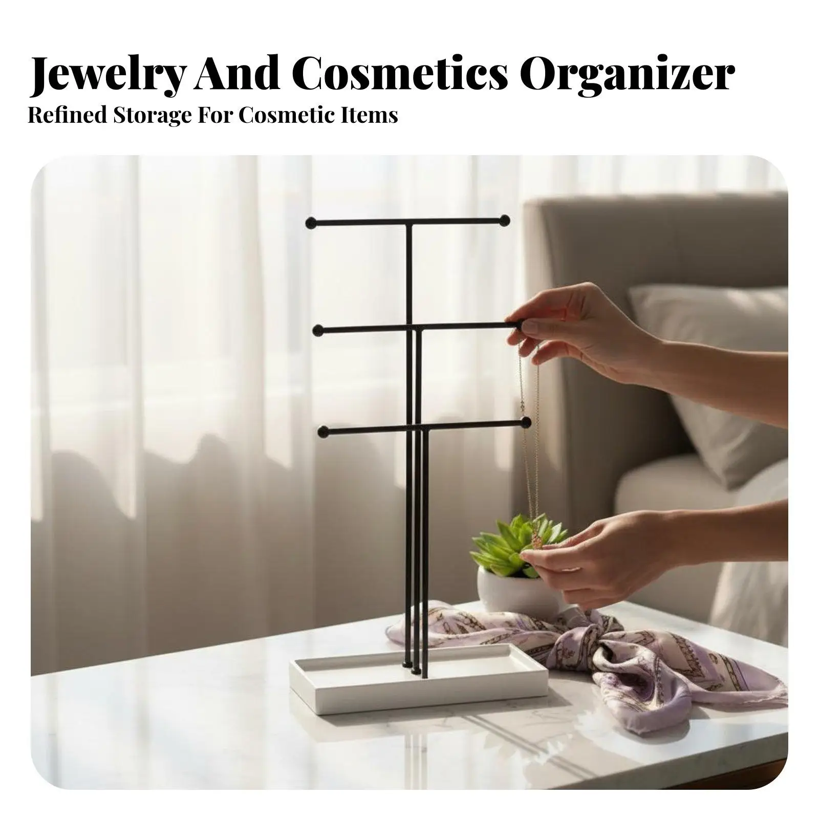 Jewelry Display Stand with Multi Level Metal Holder and Storage Tray Organizer for Jewelry Boxes and Retail Presentation