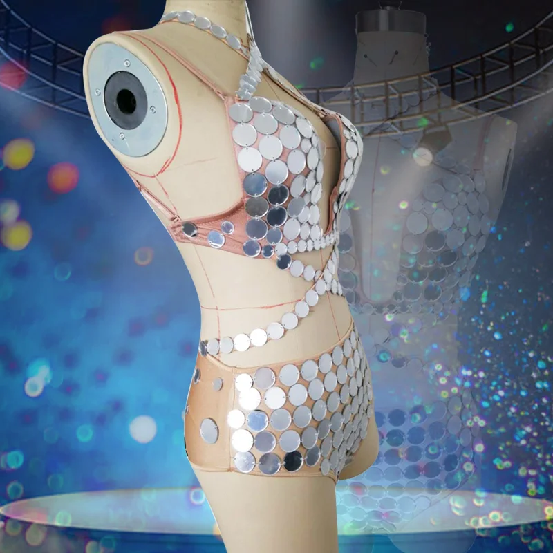 Traje con lente de espejo plateado, máscara de zorro, mujer de negocios, disfraces sexys para actuación en discoteca, ropa de fiesta para chica, escenario, DJ