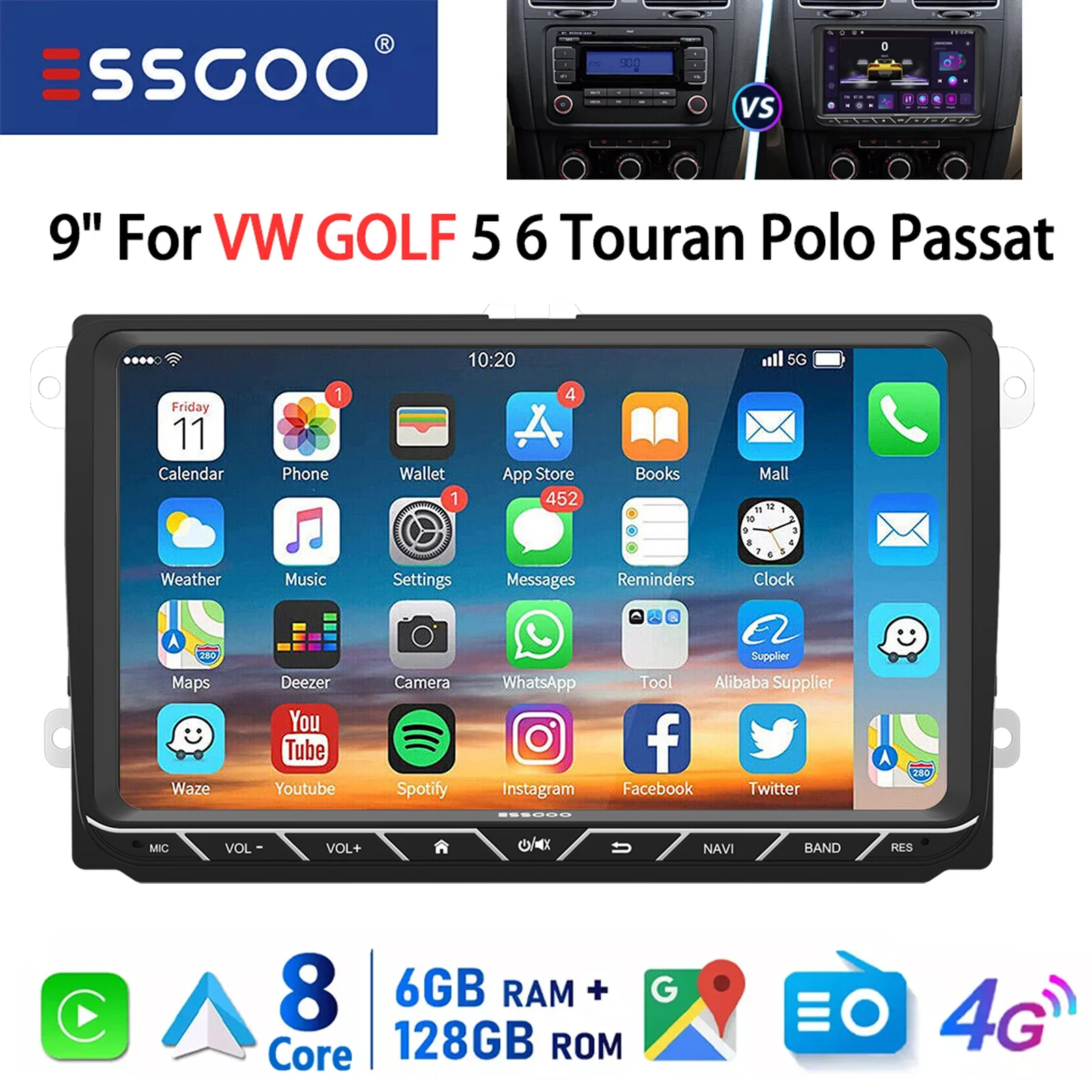 ESSGOO Autorradio Android 14 9 4G 8 Core per VW Golf 5/6 Touran Passat - CarPlay Android Auto GPS Navigazione DSP WiFi FM AM Bluetooth Voce AI Touchscreen Lettore Multimediale Video 2 DIN Unità