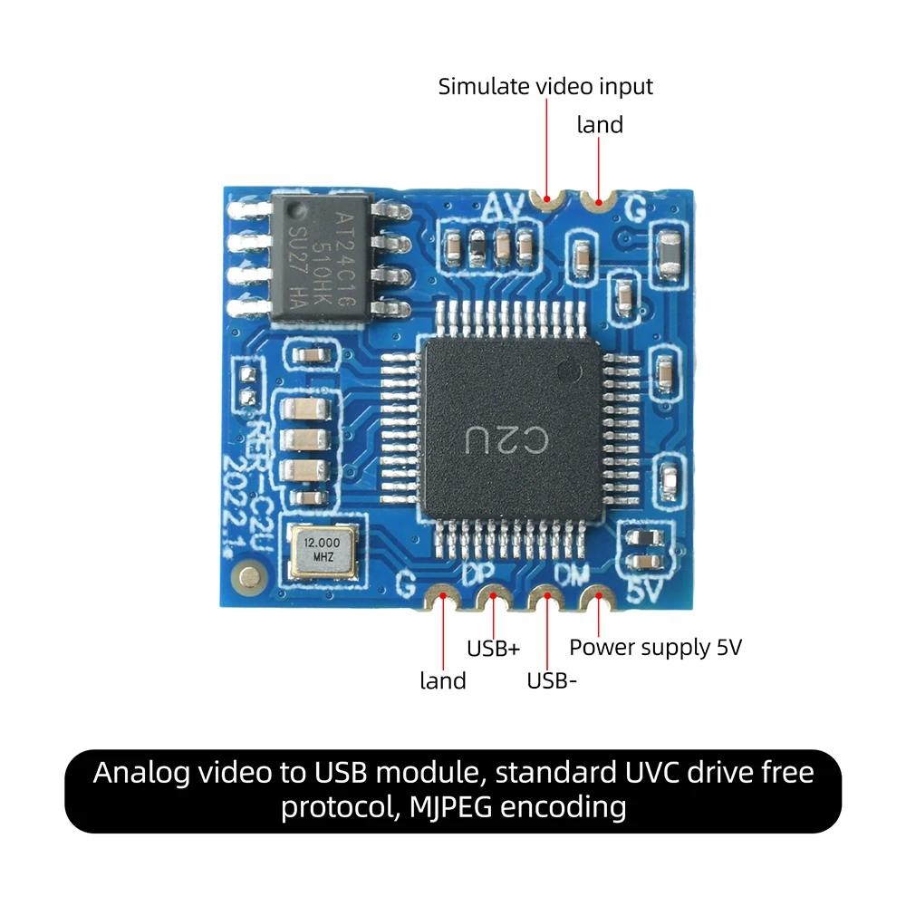 Analog Video Capture Module CVBS to USB Module UVC 18.6x16.5mm Stamp Hole for Embedded Integration CVBS Camera VCR Set-Top Box ﻿