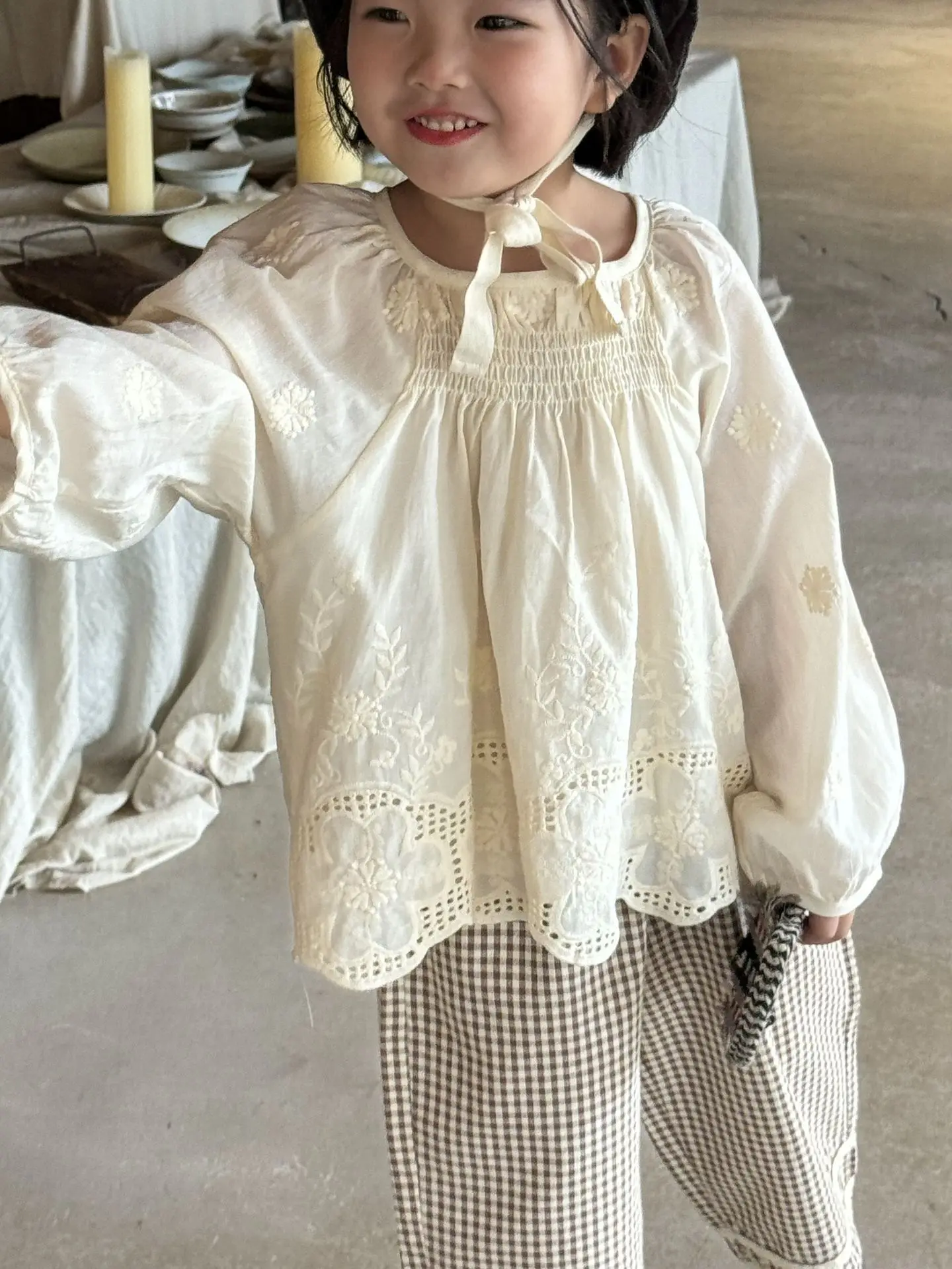 Autumn Girls Clothes Doll Shirt 2024 Korean Cute Sweet Cotton Embroidery Hollow-out Lace Girl\'s Blouse Or Plaid Wide Leg Pants