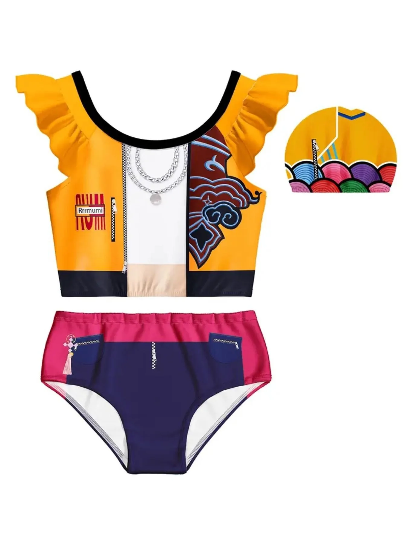 Kids Girls Cartoon Print 3-Piece Swimsuit, Ruffle Sleeve Crop Top + High Waist Swim Shorts with Leggings Set for Beach & Pool