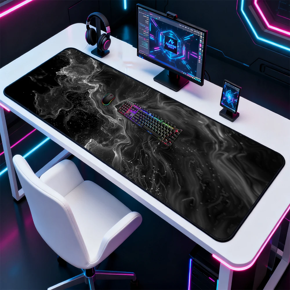 Monochrome Liquid Desk Mat Gaming Office 180x60 Abstract 140x60 Mousepad XXL Smooth White Nonslip Black Accessories XXXL