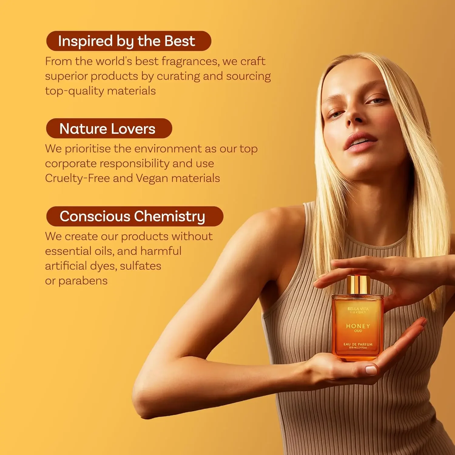 BellaVita Luxury Honey Oud EDP 3.4 أونصة / 100 مل - عطر دافئ حلو كهرماني فانيليا طويل الأمد للجنسين، هدية نباتية نظيفة