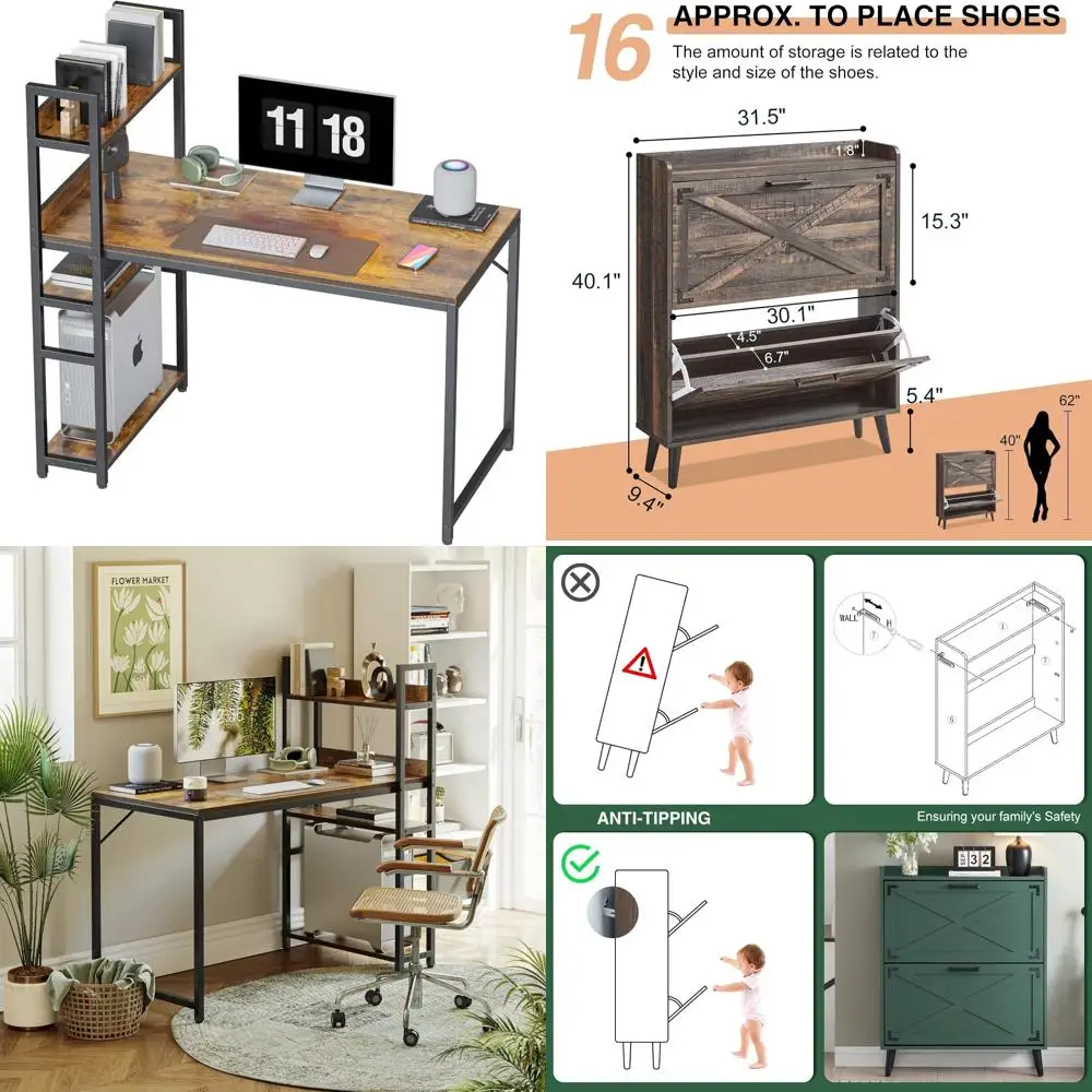 

47 Inch Storage Shelves Computer Desk for Home Office, Modern Simple Style, Rustic Brown