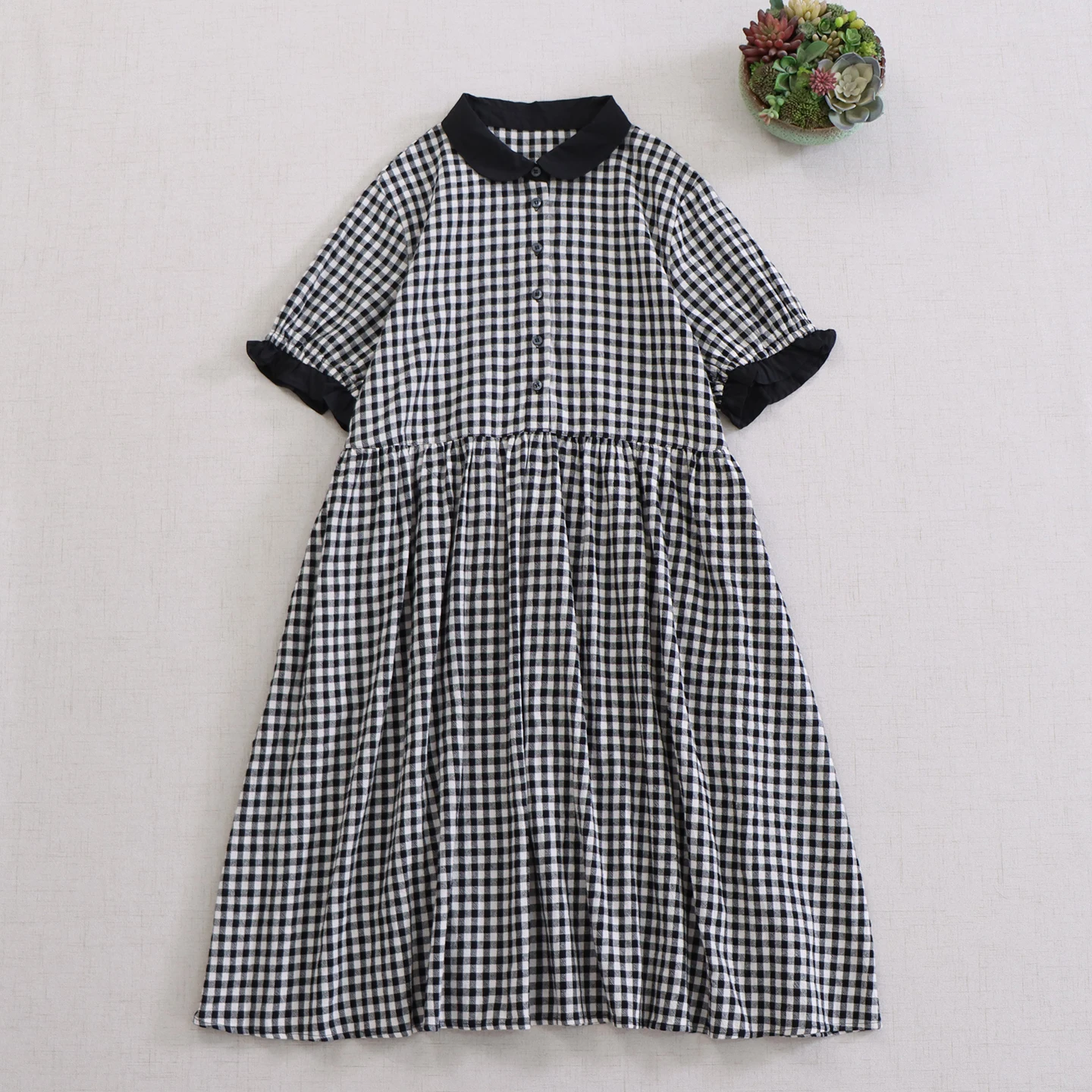 

Japanese Sweet Mori Girl Vintage Plaid Patchwork Shirt Dress Women Summer Cute Peter Pan Collar Short Sleeve Casual Midi Dresses