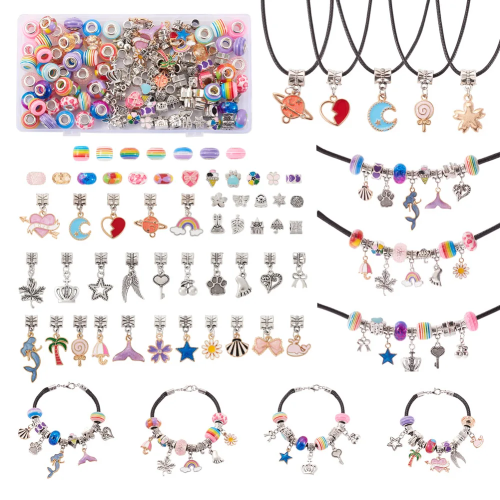 

1Set Rainbow Resin Enamel European Beads & Rabbit Flower Leaf Dangle Charms for DIY Bracelet Necklace Jewelry Making Kit