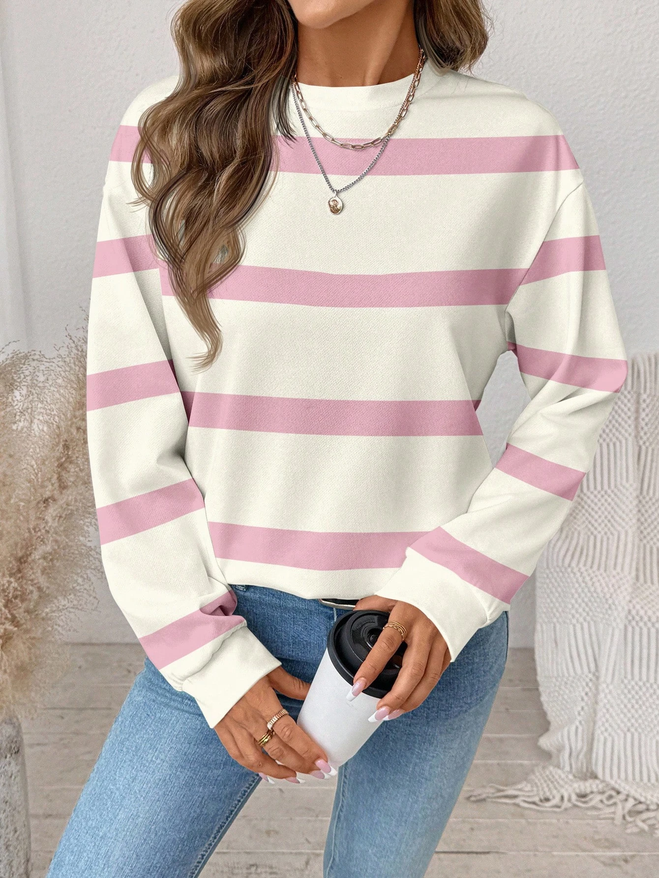 عارضة الحد الأدنى المطبوعة نمط طاقم الرقبة فضفاض البلوز الأزرق والأبيض سويتر مقلم كم طويل للجنسين الملابس قمم