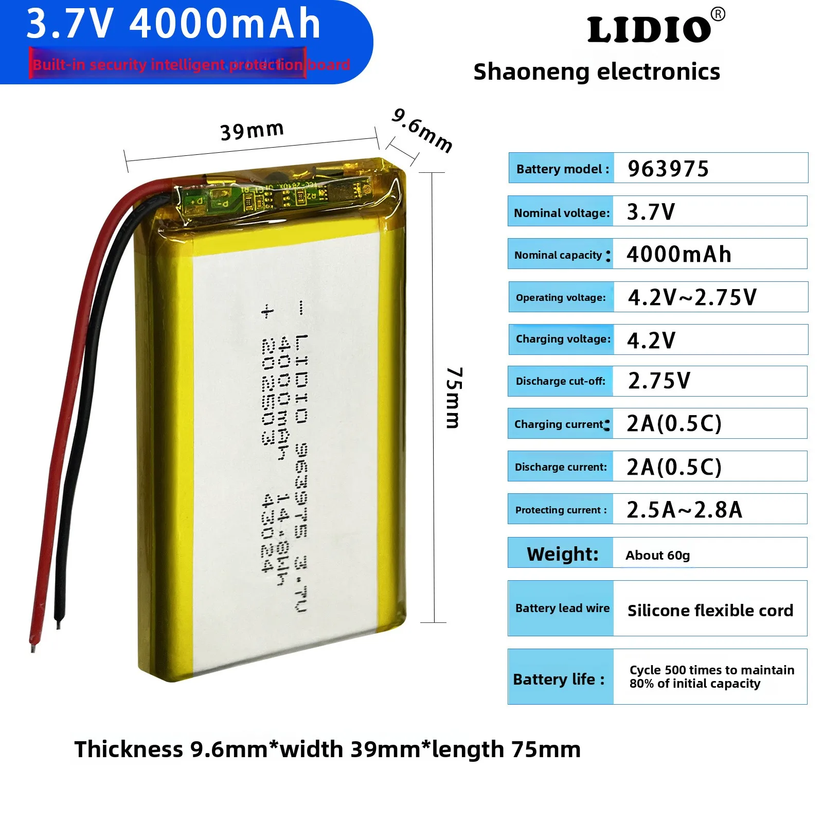 953975 Lithium-ion Battery 3.7V 4000mAh Polymer Cell Rechargeable Cycles Up To 4.2V With A Safety Protection Board