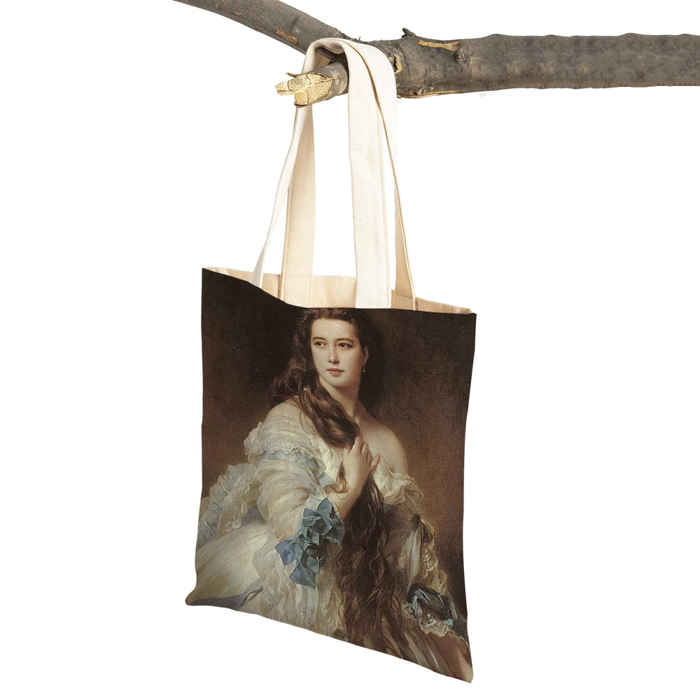 Retro Middle Oil Painting Woman Shopping Bags Vintage European Lady Tote Reusable Canvas Shopper Bag Girl Supermarket Handbag