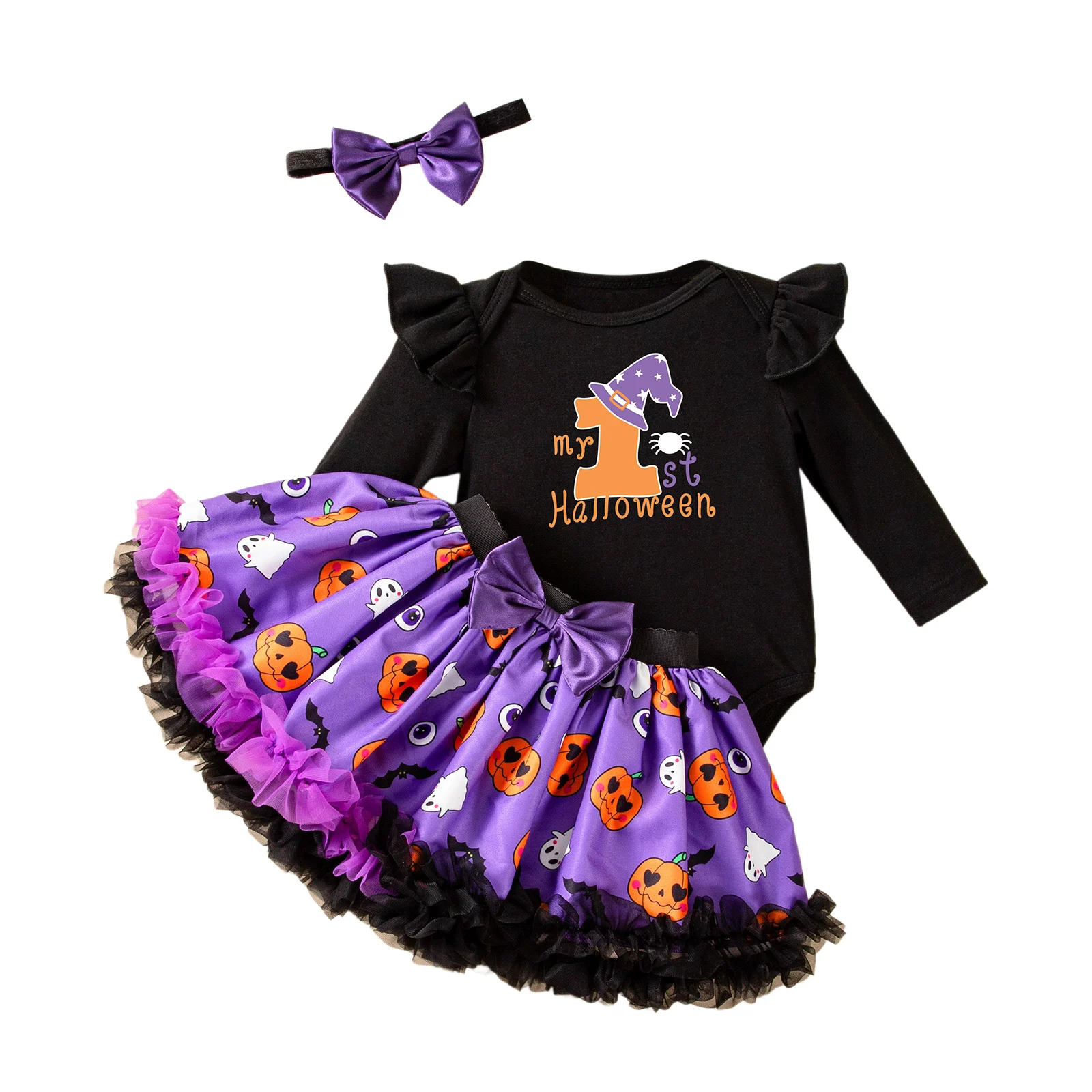 

Baby Girls 3-piece Outfit Long Sleeve Letters Print Romper with Pumpkin Ghost Skirt Headband Halloween Clothes