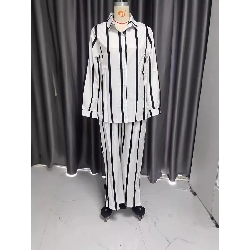 

African Fashion Stripe Two Piece Set Women Spring Autumn Casual Button Long Sleeved Shirt Wide Leg Pants Two Piece Set Women