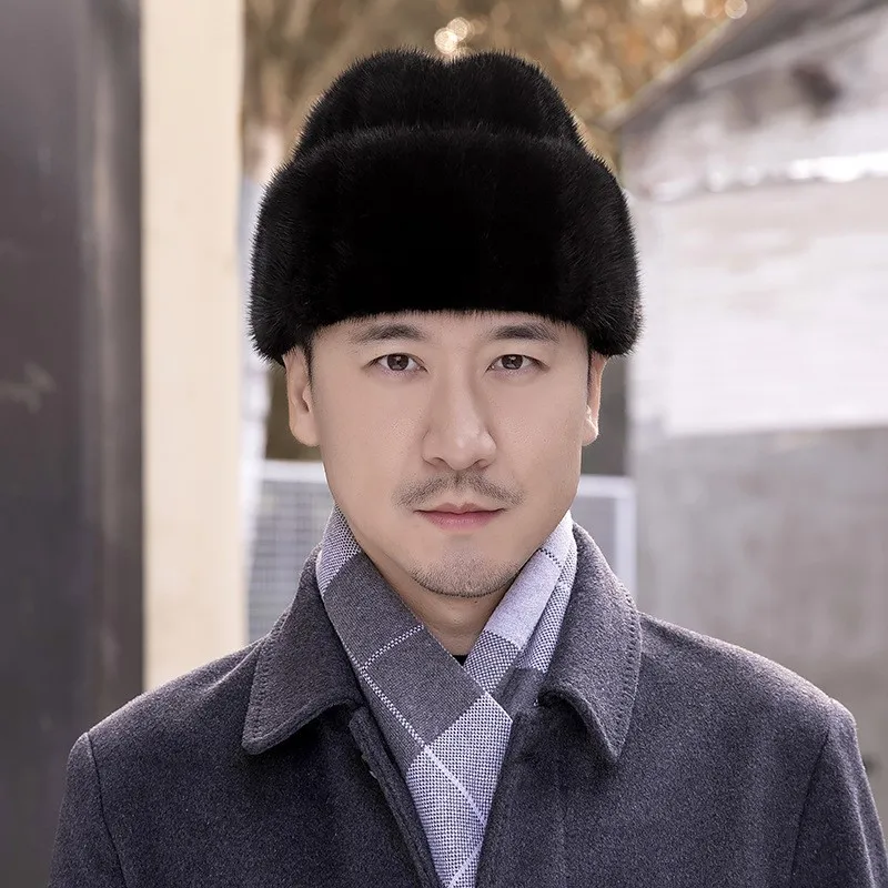 leather hats for men warm ear-protecting autumn and winter fur thick cotton middle-aged elderly people