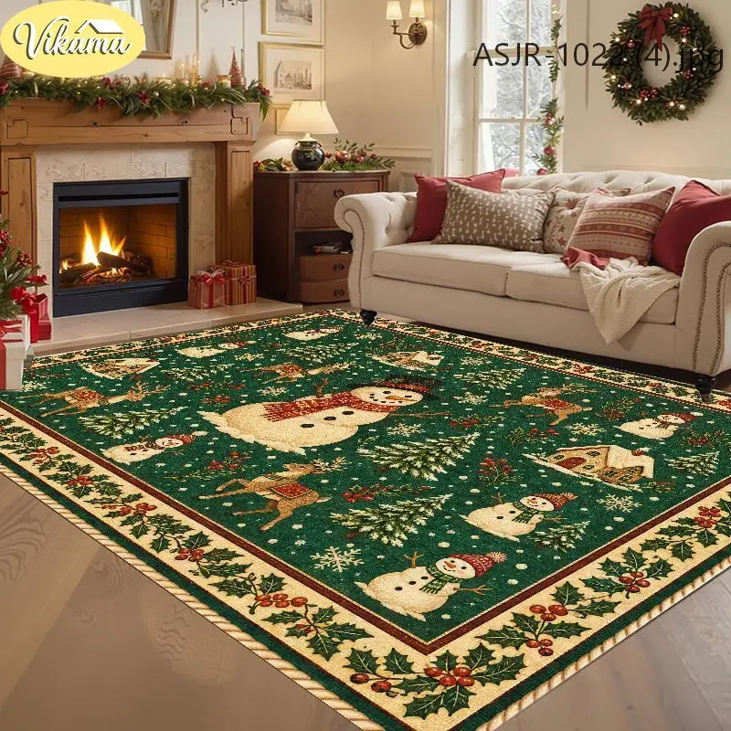VIKAMA Christmas Snowman Living Room Rug Non Slip Carpet Reindeer Holly Berry Design Washable Festive Decorative Rug Home Decor