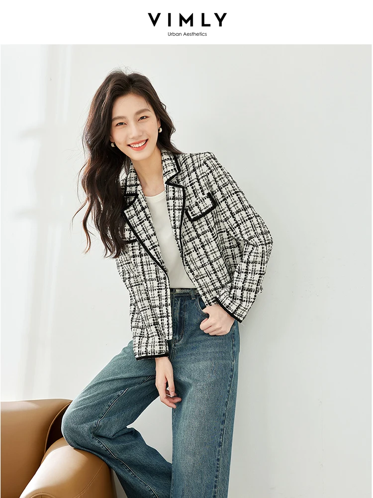 Vimly Short Notched Tweed Jackets Autumn Coat for Women 2023 New in Outerwear Black White Plaid Straight Female Jackets M3273