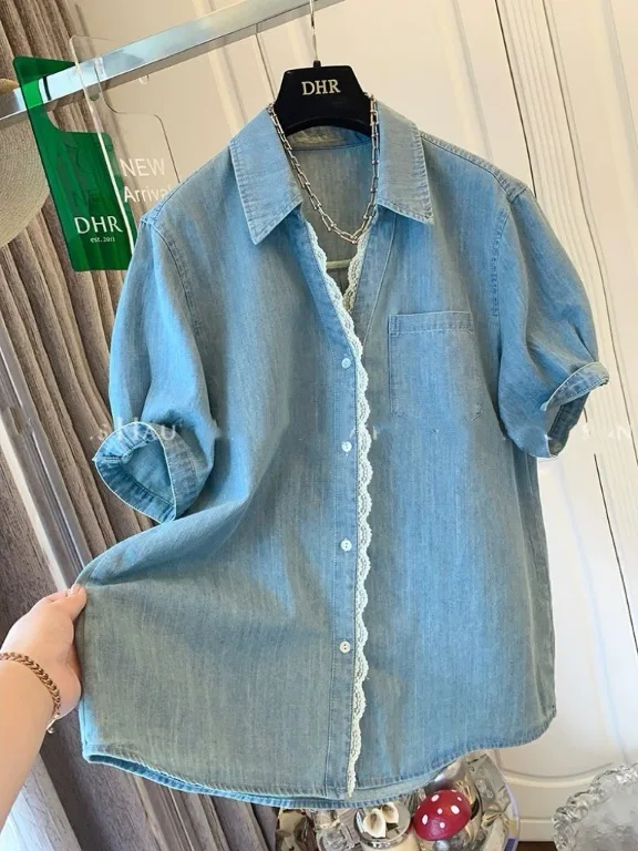 

Уникальный кружевной V-Ne ort Sve Denim irt Свободный женский летний новый повседневный шикарный топ из обычной джинсовой ткани