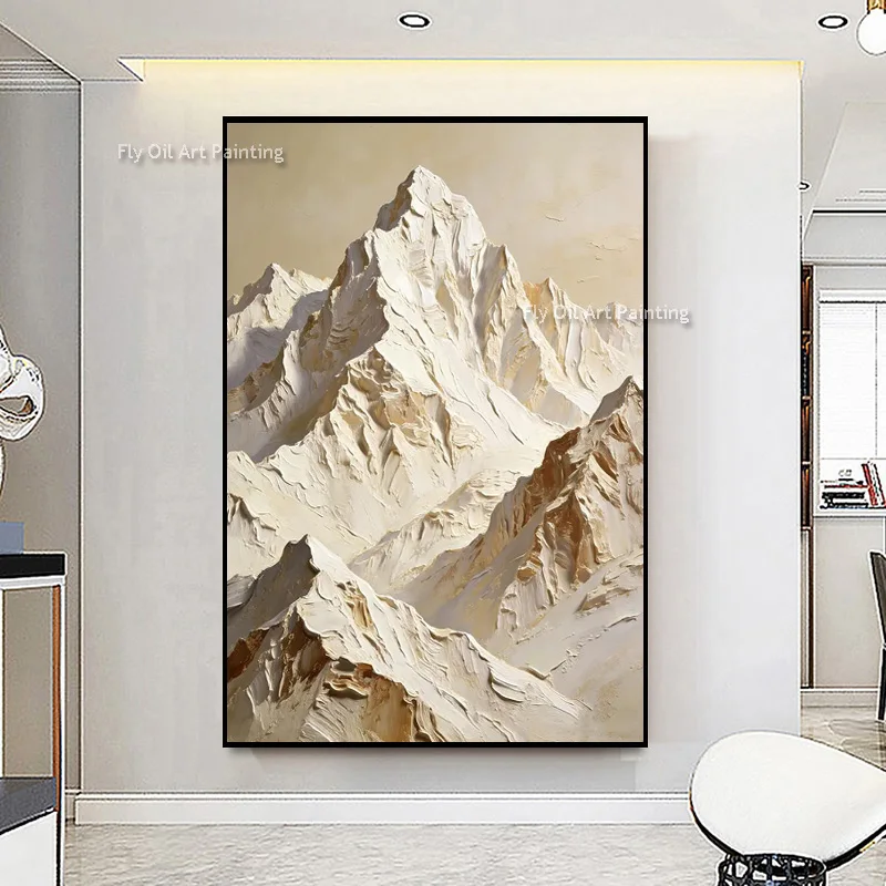 Raised Textured Snowy Mountain Wall Art, Hand‑Crafted Heavy‑Paint Oil Canvas, Earth‑Tone Contemporary Nature Statement Piece