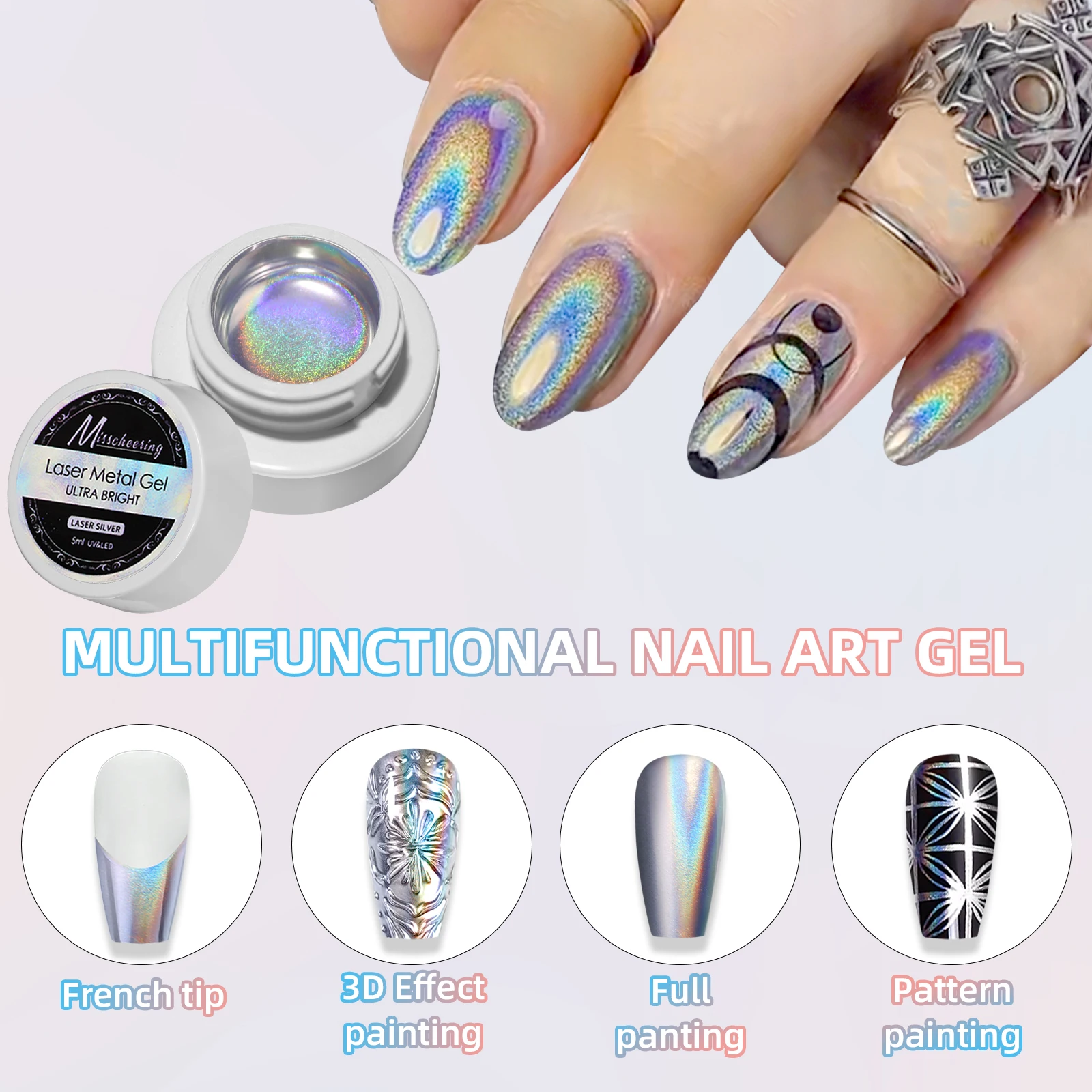 UVジェルネイルポリッシュ,5g,シルバーレーザー,メタリックエフェクト,花柄,ソークオフ,透明カラー