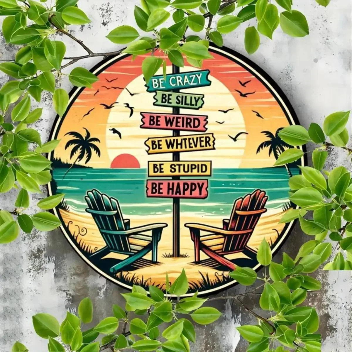 Sunset Tropic Rundes Metallschild – Tropisches Sonnenuntergang-Buchstabenmuster, Wanddekoration, Kunst für Zuhause (Wohnzimmer/Schlafzimmer)/Bar