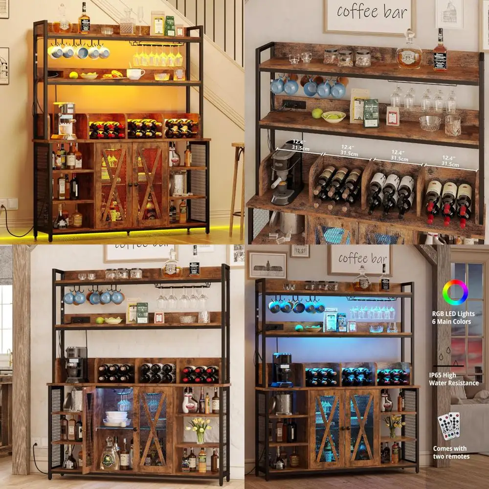 Industrial-Style Buffet Cabinet with LED Lighting and Glass Holder, 3-Tier Liquor Storage Cabinet with Power Outlet