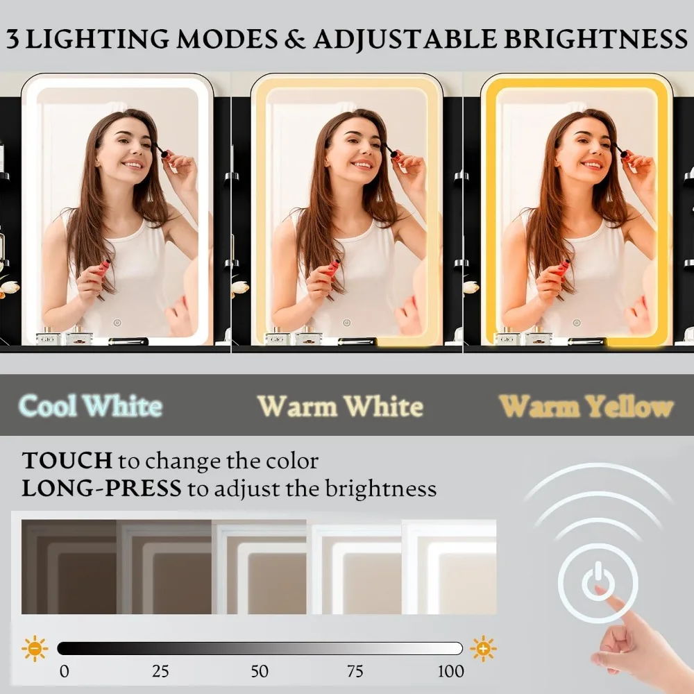 مكتب زينة مكياج مضاء بإضاءة LED مع مخرج طاقة، وأدراج تخزين مدمجة وكرسي، و3 خيارات إضاءة