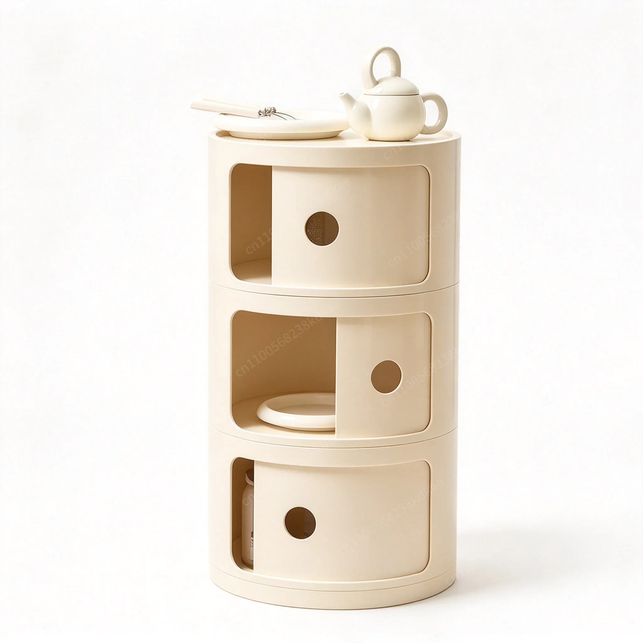 Round Sliding Door Storage Cabinet, Multi-layer Bedside Side Rack for Living Room Decor & Storage