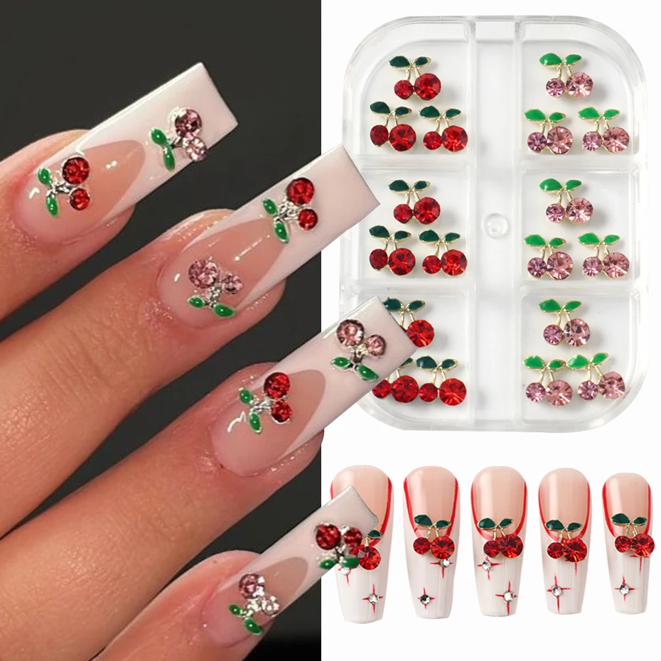 6 Gitter 3D Kirsche Strass Nail Art Charms Rot Rosa Kirsche Kristall Nagel Edelsteine mit grünen Blättern Obst Serie Nail Art Schmuck