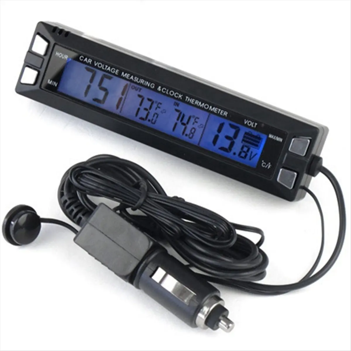 ABNQ 12V 24V Car Thermometer LCD Digital Vehicle Voltage Monitor Clock Car Temperature Meter Voltmeter Cable Sensor