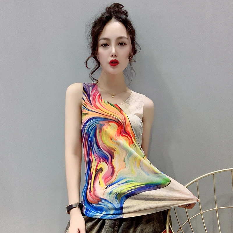 패셔너블한 카모플라주 프린트 조끼 여성용 슬림 티셔츠 베이스 레이어 이너웨어 봄 여름 신상 슬림핏