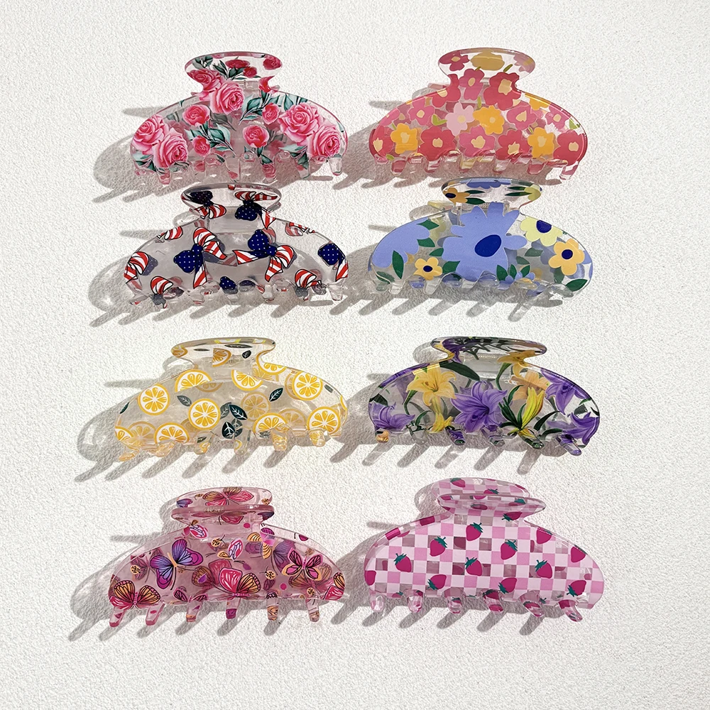 Transparent Colorful Printed Flower Butterfly Lemon Strawberry Hair Clip Claw For Women New Acrylic Barrettes Hair Accessories