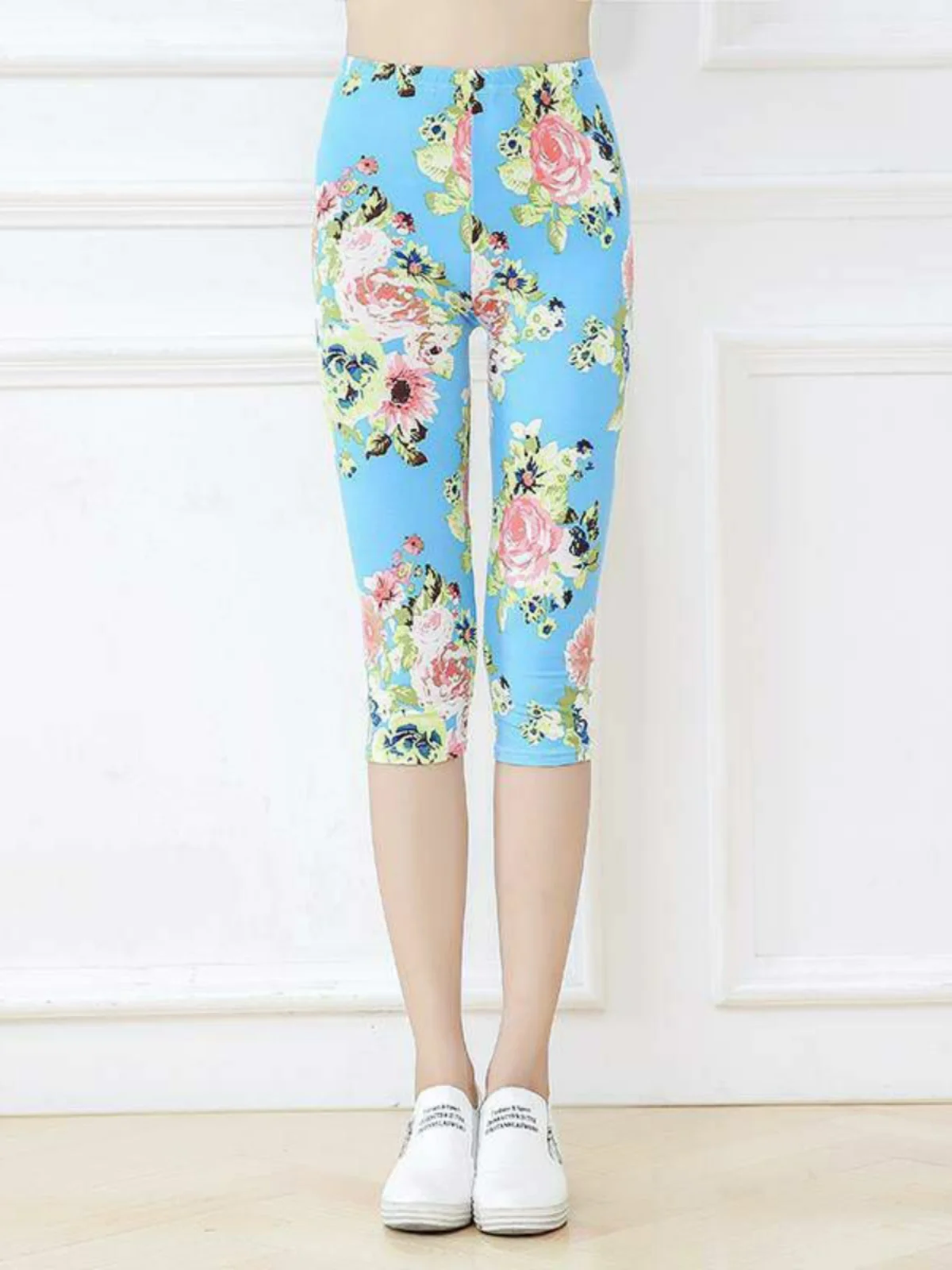 Damskie spodnie plus size z nadrukiem, na wiosnę i lato, cienkie, elastyczne, dopasowane, w kwiaty, bawełniane, długość 7/8 z chusteczką w zestawie.