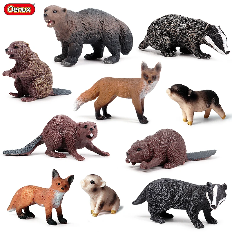 Oenux 10PCS piccoli animali della foresta simulazione Zoo Fox Pig Wolverine Beaver Model Action Figures Educational Cute Kids Toy regalo di natale