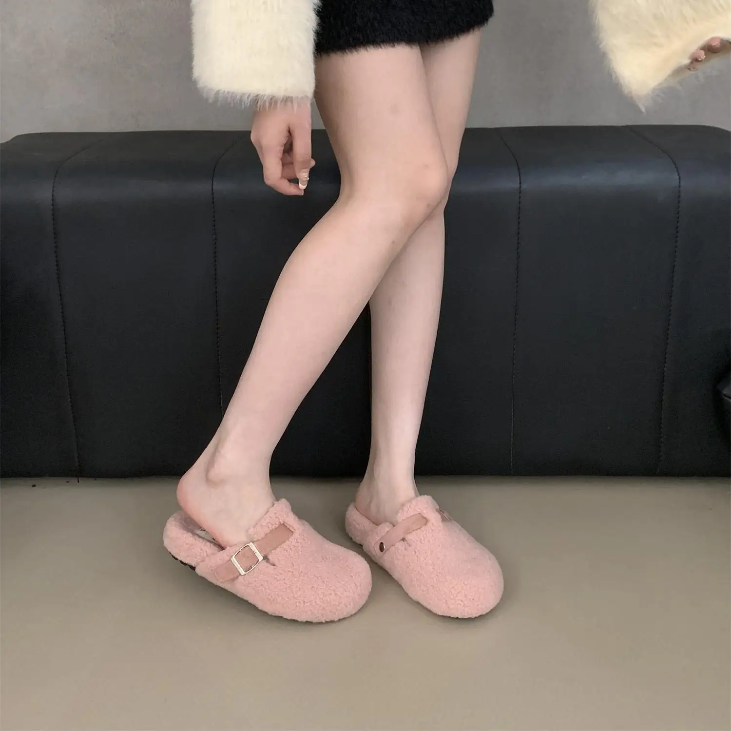 Cover Toe House Slippers Platform Shoes Woman 2024 Loafers Fur Flip Flops Winter Footwear Pantofle Luxury Slides Low Flock Plush